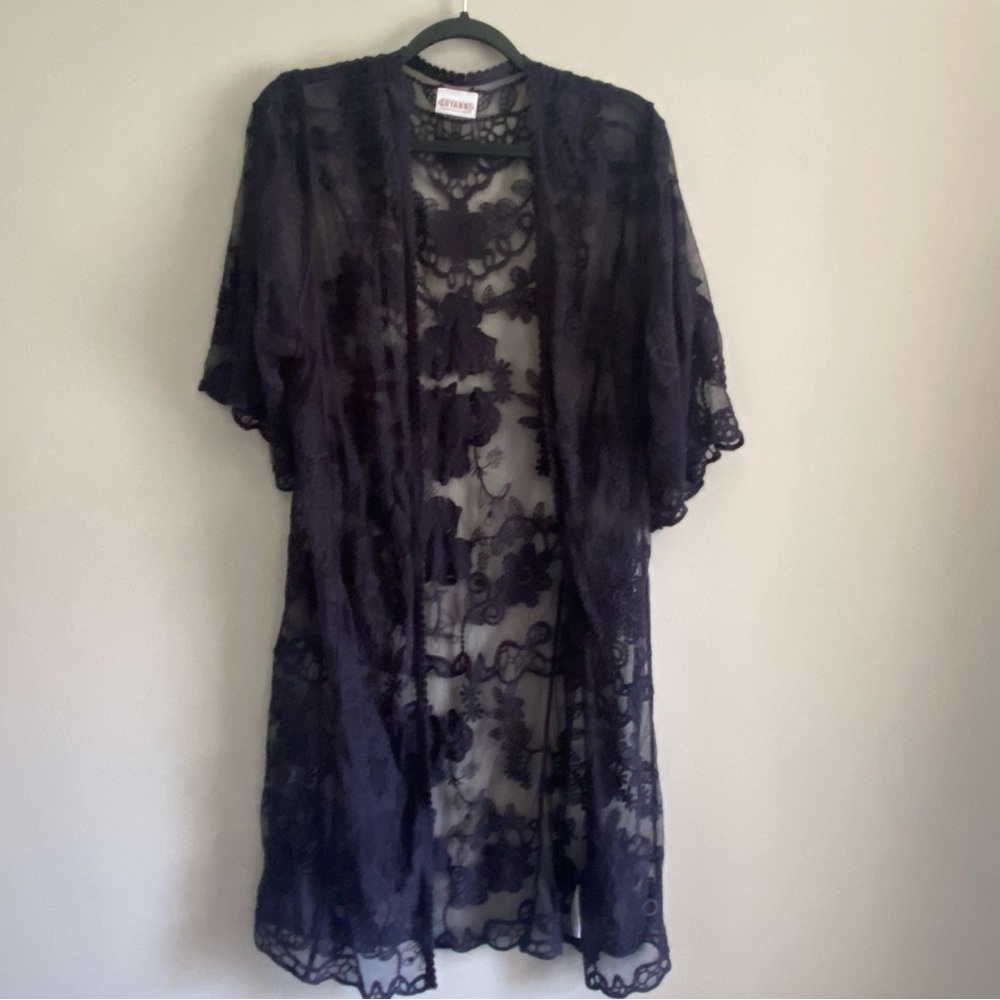 Shyanne Navy Blue Blue Lace Duster Kimono with Flowy Sleeves - One Size
